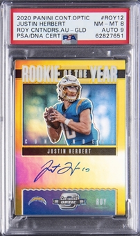2020 Panini Contenders Optic "Rookie of the Year" Gold Prizm #ROY12 Justin Herbert Signed Rookie Card (#01/10) - PSA NM-MT 8, PSA/DNA 9